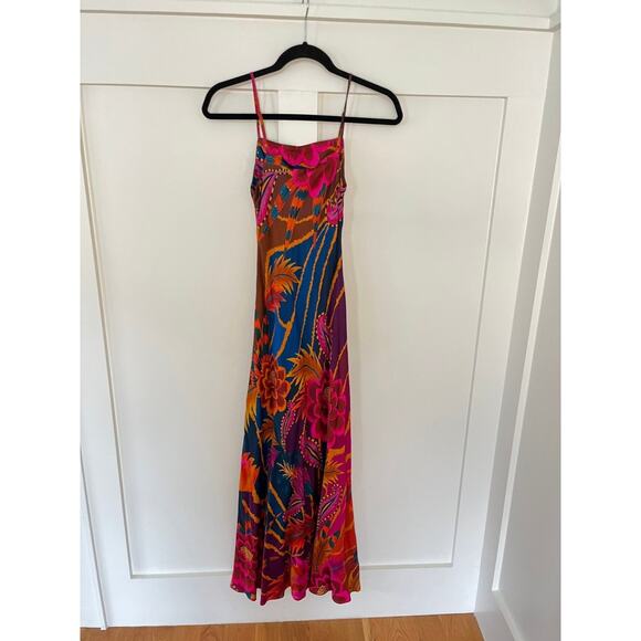 Farm Rio Maxi Dress Tropical Floral Print Spaghetti Strap Silk Blend XS - Picture 3 of 8
